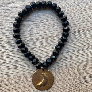 Gold Moon Charm Black Beaded Bracelet